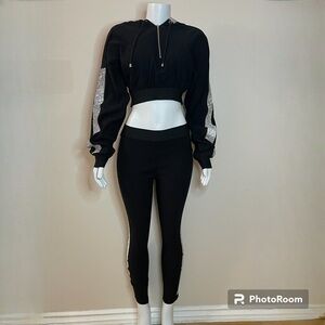 Black cropped hoodie and pants set with side rhinestone stripes